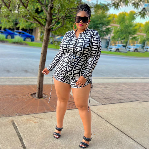 Plus Size Damen Drawstring Print Langarm Shorts Jumpsuit