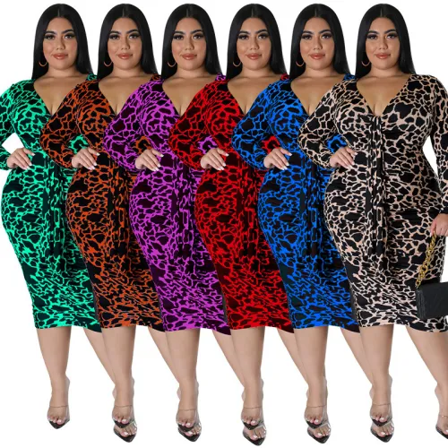 Plus Size Women Sexy Leopard Multicolor Long Sleeve Bodycon Dress