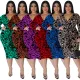 Plus Size Women Sexy Leopard Multicolor Long Sleeve Bodycon Dress