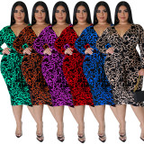 Plus Size Frauen Sexy Leopard Multicolor Langarm Figurbetontes Kleid