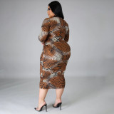 Plus Size Damen Langarm Leopard Figurbetontes Kleid
