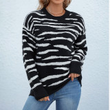 Pullover mit Rundhalsausschnitt und Zebradruck, Strickhemd, Herbst-Winter-Damenpullover