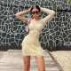 Mesh Hairy Patchwork One Shoulder Sleeve Asymmetric Solid Color Sexy Cutout Bodycon Dress Women