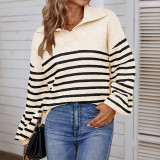 Autumn and winter Color Block striped polo collar sweater women's lantern sleeve knitting shirt