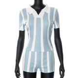 Damen-Casual-Set Farbblock bedrucktes Kurzarm-Umlegekragen-Hemd Lässiges zweiteiliges Hosen-Set