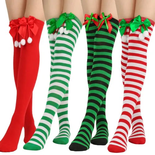 Christmas socks ball socks over the knee socks women's long tube festival Christmas striped stockings