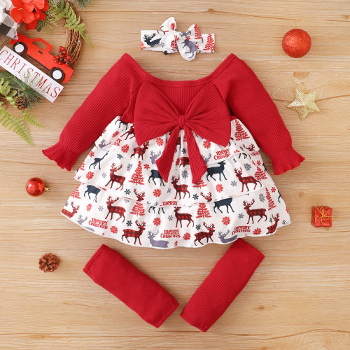 Conjunto de falda de 4 piezas con estampado de alces navideños para bebé niña