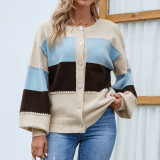 Color-blocking single-breasted knitting shirt autumn and winter lantern sleeve sweater women's cardigan jacket