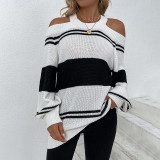 Fall/Winter Halter Neck Leaky Shoulder Sexy knitting Shirt Striped Sweater Women