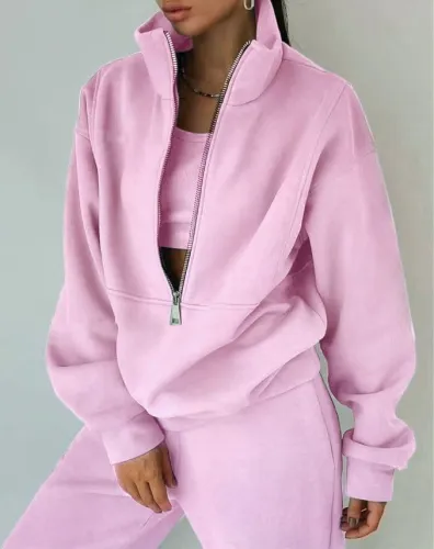 Fall Winter Fashion Solid Fleece Zip Hoodies Sports Casual Women's Suit
