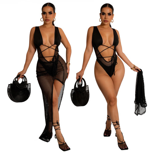 Sexy Spitzenoverall mit unregelmäßigem Mesh-Rock Mode zweiteilige Damenbekleidung