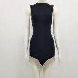 Summer Sleeveless Dress Irregular Fringe Rhinestone Tight Fitting Bodycon Dress