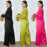 Ladies Casual Solid Color Satin Long Sleeve Loose Shirt And Pants Two Piece Set