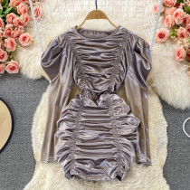 Sonbahar Fransız Yuvarlak Yaka Şık Dantelli İnce Bel Slim Fit Uzun Kollu Bodycon Elbise