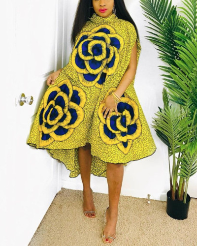 Plus size opstaande kraag bloemenprint casual Afrikaanse jurk