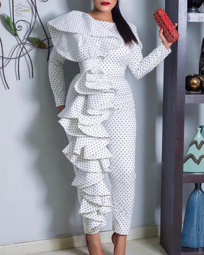 Lente en herfst polka dot punt chique carrière pullover hoge taille witte lange jumpsuit