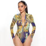 Durchsichtiger Langarm-Bodysuit mit sexy Mesh-Print für Herbstfrauen