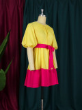 Sommer-Plus-Size-Damen-Puffärmel mit Gürtel, gelbes, übergroßes Baumwollkleid