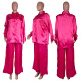 Lässiges, einfarbiges Satin-Langarmshirt für Damen, lockeres Hemd und Hose, zweiteiliges Set
