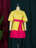 Sommer-Plus-Size-Damen-Puffärmel mit Gürtel, gelbes, übergroßes Baumwollkleid
