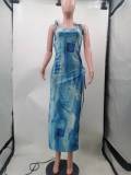 Women Print Loose Slit Sling Print Skirt + Suit Two-piece Set