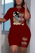 Camiseta de manga corta estampada con cuello redondo para mujer de talla grande + conjunto de dos piezas de pantalones cortos
