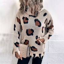 Women Fall/Winter Leopard Print Hooded Knitting Ripped Sweater
