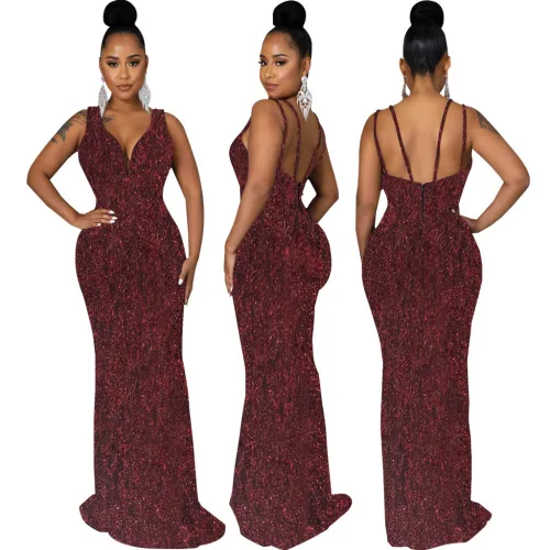 Women Sexy Deep V Neck Sleeveless Evening Dress