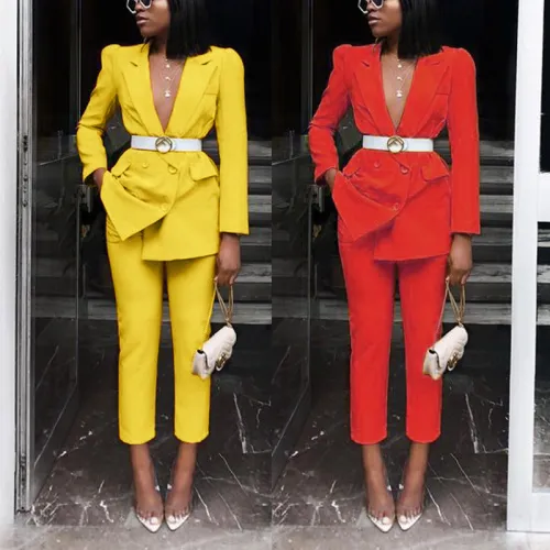 Women autumn and winter long-sleeved suit + Pant Slim solid color two-piece suit