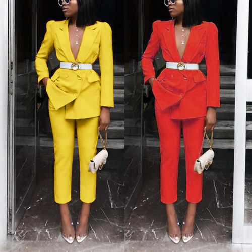 Women autumn and winter long-sleeved suit + Pant Slim solid color two-piece suit