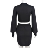 Women Fall Round Neck Long Sleeve Top+ Pocket Skirt Two Piece