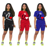 Damen Casual Solid Poker Q Print Kurzarm T-Shirt + Shorts Zweiteiler