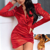 Женское сексуальное модное плиссированное платье с глубоким V-образным вырезом и длинным рукавом Bodycon