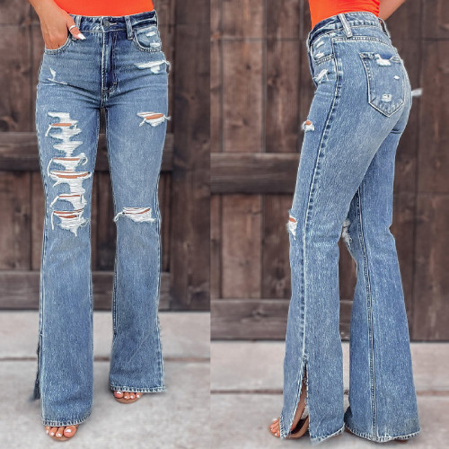 Женские осенние выстиранные рваные расклешенные джинсовые брюки с разрезом