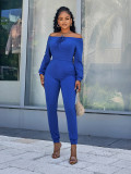 Women Fall/Winter Sexy Solid Color Off Shoulder Lace-Up Long Sleeve Jumpsuit