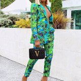 Kadın Sonbahar ve Kış Şık Moda Baskı Blazer + Pantolon İki Parçalı Takım