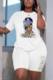 Bedrucktes Kurzarm-T-Shirt mit Rundhalsausschnitt für Damen in Übergröße + zweiteiliges Set mit Shorts