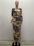 Women Fashion Leopard Print Long Sleeve Crop Top + Split Crinkle Skrit Two Piece