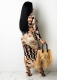 女性ファッション ヒョウ柄長袖クロップ トップ + スプリット クリンクル スクリット ツーピース