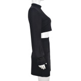 Top de manga larga con cuello redondo para mujer y falda con bolsillo de dos piezas