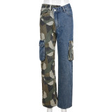 Fall Women Style Trend Contrast Camo Pocket Denim Pants