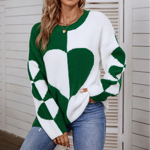 Suéter feminino gola redonda colorblock com estampa de coração