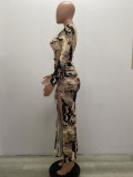 Kadın Modası Leopar Baskı Uzun Kollu Kırpma Üstü + Bölünmüş Kırışık Skrit İki Parçalı