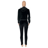 Women Fall Velvet Zip Hooded Long Sleeve Top + Pant Two Piece