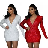 Women'S Spring Fashion Sequin V-Neck Ruched Slim Fit Bodycon Dress