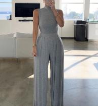 Simple and Comfortable Sleeveless Turtleneck Slim Waist Jumpsuit