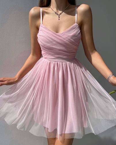 Fashion Strap Solid Mesh Mini robe de soirée A-line