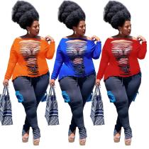 Plus Size Women'S Solid Long Sleeve Cutout Ripped Top