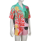 Sommer-T-Shirt-Oberteil für Damen mit mehrfarbigem Aufdruck und Turndown-Kragen