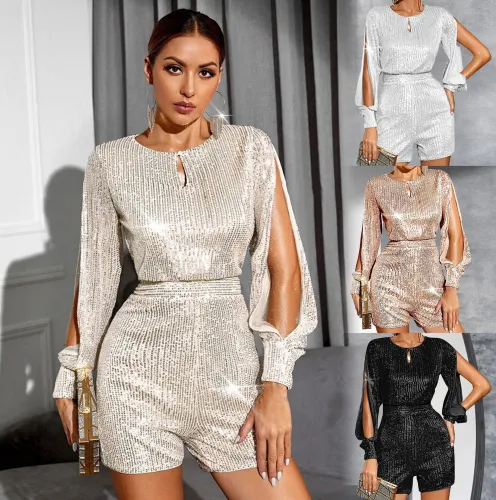 Women's Sexy Fashion Long Sleeve Split Sequin Jumpsuit